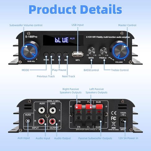 2.1 Channel Stereo Audio Amplifier, 300Wx2+360W Home Audio Stereo Receiver | Bluetooth 5.0 with USB/AUX, Remote, Bass Treble & Sub Control, for Active/Passive Subwoofer & Speaker in Saudi Arabia