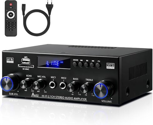 AK52 Stereo Amplifier Home Audio, Bluetooth Receiver Amplifier, 2.1 Ch | 2.1 channel for passive speakers and passive subwoofer, FM radio, USB/SD/AUX, dual mic echo, bass treble control, remote in Kuwait