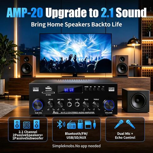 AK52 Stereo Amplifier Home Audio, Bluetooth Receiver Amplifier, 2.1 Ch | 2.1 channel for passive speakers and passive subwoofer, FM radio, USB/SD/AUX, dual mic echo, bass treble control, remote in Kuwait