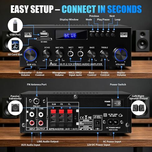 AK52 Stereo Amplifier Home Audio, Bluetooth Receiver Amplifier, 2.1 Ch | 2.1 channel for passive speakers and passive subwoofer, FM radio, USB/SD/AUX, dual mic echo, bass treble control, remote in Kuwait