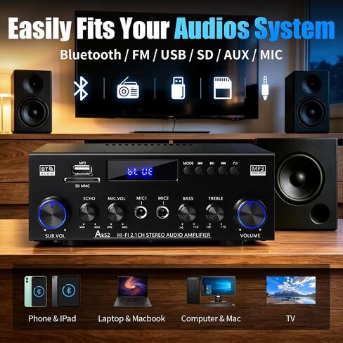 AK52 Stereo Amplifier Home Audio, Bluetooth Receiver Amplifier, 2.1 Ch | 2.1 channel for passive speakers and passive subwoofer, FM radio, USB/SD/AUX, dual mic echo, bass treble control, remote in Kuwait