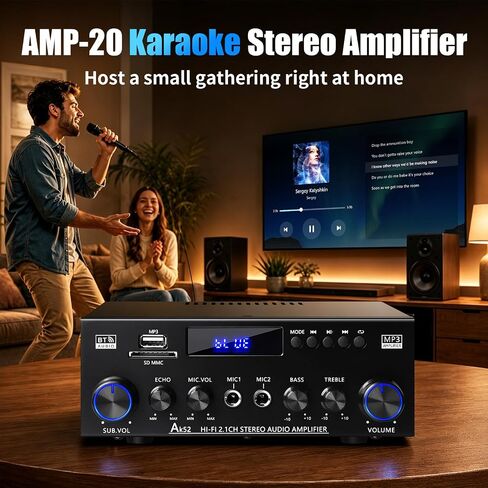 AK52 Stereo Amplifier Home Audio, Bluetooth Receiver Amplifier, 2.1 Ch | 2.1 channel for passive speakers and passive subwoofer, FM radio, USB/SD/AUX, dual mic echo, bass treble control, remote in Kuwait