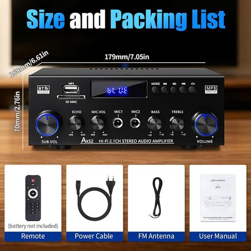 AK52 Stereo Amplifier Home Audio, Bluetooth Receiver Amplifier, 2.1 Ch | 2.1 channel for passive speakers and passive subwoofer, FM radio, USB/SD/AUX, dual mic echo, bass treble control, remote in Kuwait