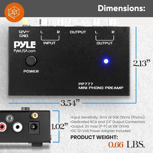Pyle Mini Phono Turntable Preamp - Stereo Preamplifier with RCA Input/Output - Low Noise - Powered by 12V DC Adapter - Ideal for Vinyl & Phonographs - PP777 in Saudi Arabia