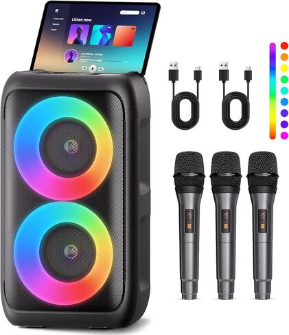 Bluetooth Speaker with 2 Wireless Microphones - Big Party Speaker for Adults Kids Karaoke with Lights - Portable Rechargeable Floorstanding Speakers Support TWS/AUX/USB/TF Card for Home Party Gift in Kuwait