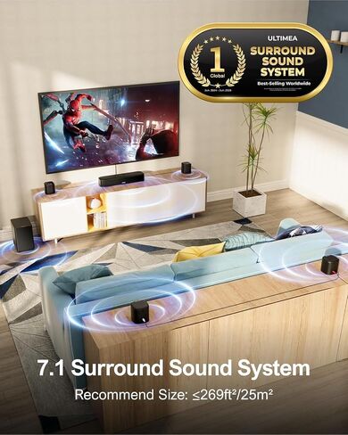 ULTIMEA 7.1ch Sound Bar with Subwoofer, Virtual Surround Sound System for TV, Sound Bar for Smart TV with 4 Surround Speakers, Peak Power 330W, TV Soundbar with App Control, Opt/AUX/BT, Aura A40 in Kuwait