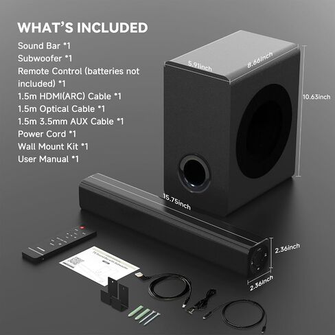 Sound Bar Speakers Bluetooth Wireless, TV Speakers Sound Bar Subwoofer, Home Theater Surround Sound Bar HDMI(ARC) Optical AUX USB 2.1ch Home Audio Sound System TV PC Gaming Wall Mount 3EQ, Black in Saudi Arabia