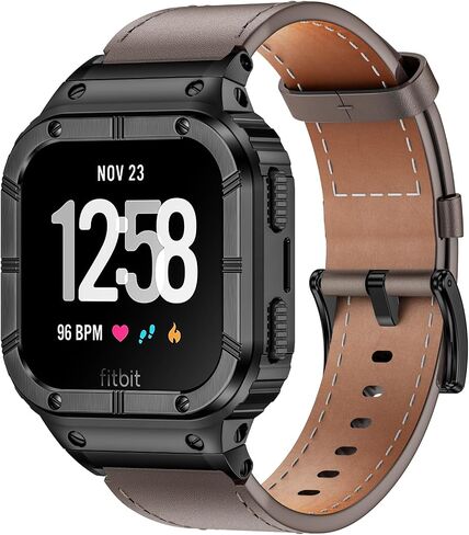 BAITEYOU Leather Bands with Stainless Steel Case Compatible with Fitbit Versa 1 2 3 4 Lite Sense 2 1 Protective case for men in Saudi Arabia