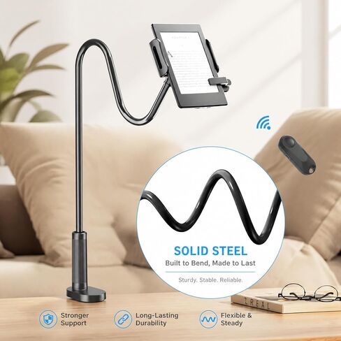 Gooseneck Tablet Holder for Kindle Reading in Bed with Page Turner Remote, Hands Free Desk Bedside Lazy Arm Stand for Kindle Accessories, Gifts for Readers in Kuwait