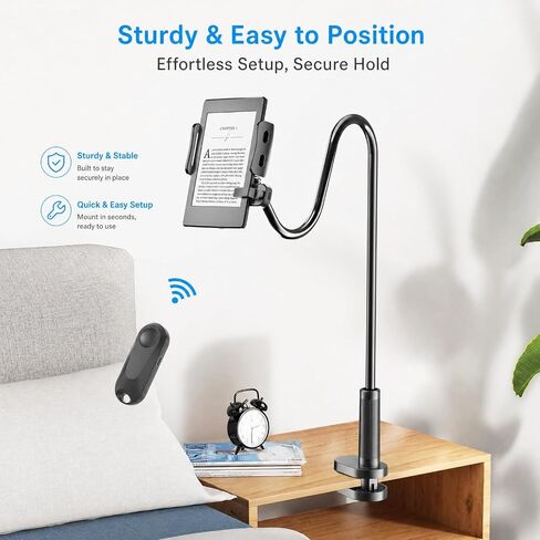 Gooseneck Tablet Holder for Kindle Reading in Bed with Page Turner Remote, Hands Free Desk Bedside Lazy Arm Stand for Kindle Accessories, Gifts for Readers in Kuwait