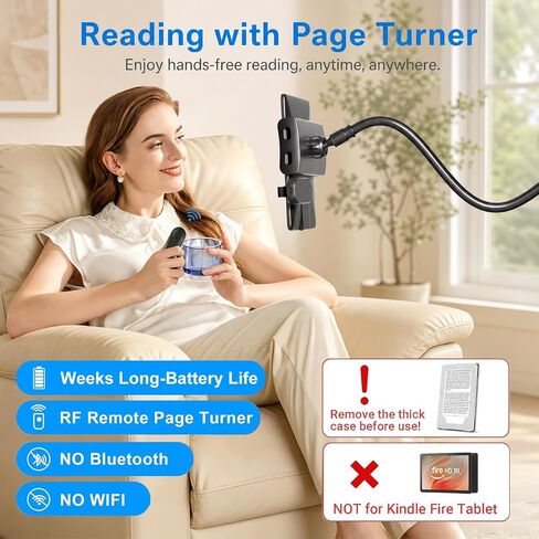 Gooseneck Tablet Holder for Kindle Reading in Bed with Page Turner Remote, Hands Free Desk Bedside Lazy Arm Stand for Kindle Accessories, Gifts for Readers in Kuwait