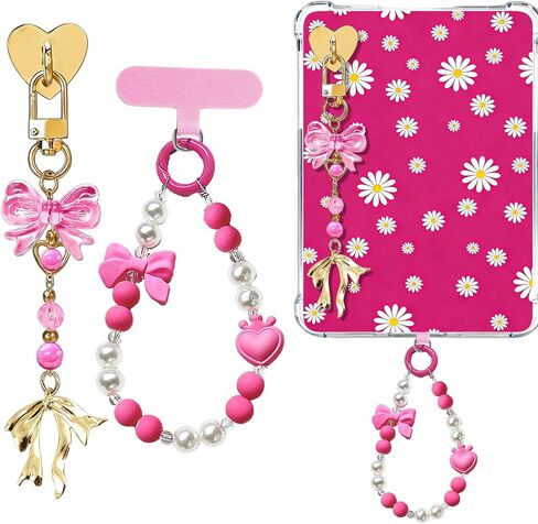 Charm Chain Set for Kindle, Bow Pendant Heart Hook E-Reader Gift | Heart bow beaded chain and adhesive base for phones, tablets and bags. Cute Y2K gift for book lovers in Saudi Arabia
