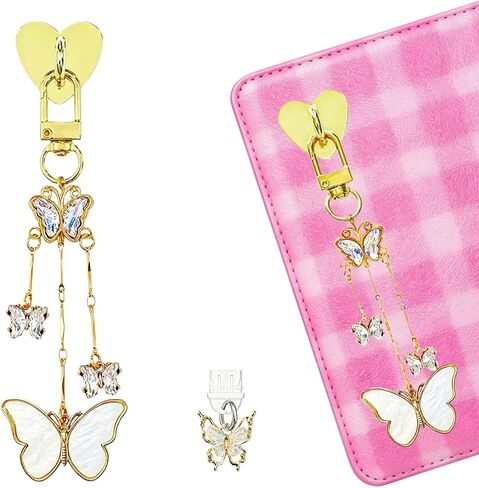 Charm Chain for Kindle, Butterfly Chain with Dust Plug Type C | Butterfly E-Reader Charms Decor Compatible with Kindle and Phone Keychain Decorating Accessories Bookish Gifts in Saudi Arabia