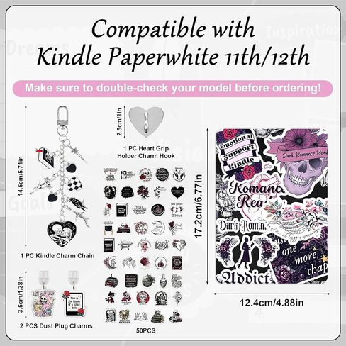 Mantveil 57PCS Dark Romance Charm Chains for Kindle Accessories Kit | Including 1 Charm Chain, 2 Dust Plug Charm Type C, 4 Cardstock Insert and 50 Stickers, Compatible for Kindle/E-Reader/Phone in Saudi Arabia