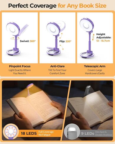18 LED Rechargeable Clip On Book Light for Reading in Bed | Eye Caring 3 Color Temps, Silent Stepless Dimming, Auto-Off Timer, Memory, 80Hrs Runtime Lightweight Light for Book Lovers in Saudi Arabia