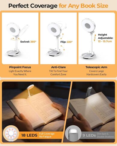 18 LED Rechargeable Clip On Book Light for Reading in Bed | Eye Caring 3 Color Temps, Silent Stepless Dimming, Auto-Off Timer, Memory, 80Hrs Runtime Compact Bedside Gift for Book Lovers in Saudi Arabia