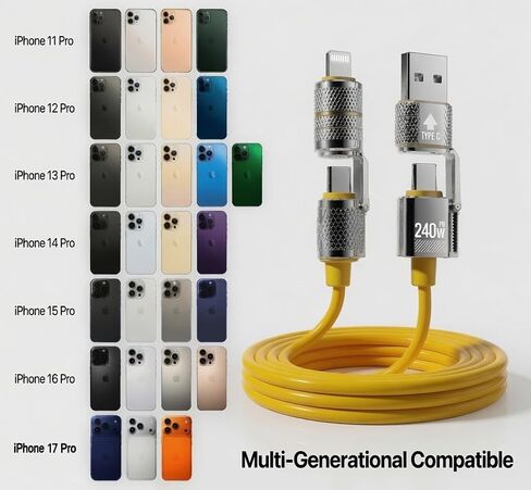 كابل عالمي 240 وات، USB C، USB A، Lightning، متوافق مع أجهزة الكمبيوتر المحمول، الهواتف، الكمبيوتر اللوحي، فرشاة الأسنان الكهربائية، Kindle، سماعات الرأس، أجهزة المطبخ، بنك الطاقة، التلفزيون، وسادة التدفئة، الكاميرا، الأداة، 3'5" in Kuwait