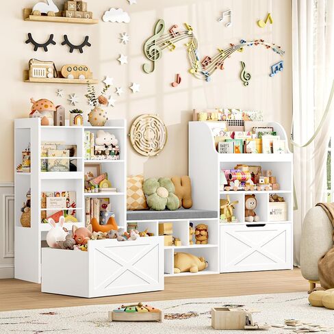 Kids Bookshelf with Reading Nook, Toy Organizer with Seat Bench | Large Toy Storage Toy Organizer with Seat Cushion and 2 Movable Drawers, Kids Reading Nook Kid Bench for Playroom, White in Saudi Arabia