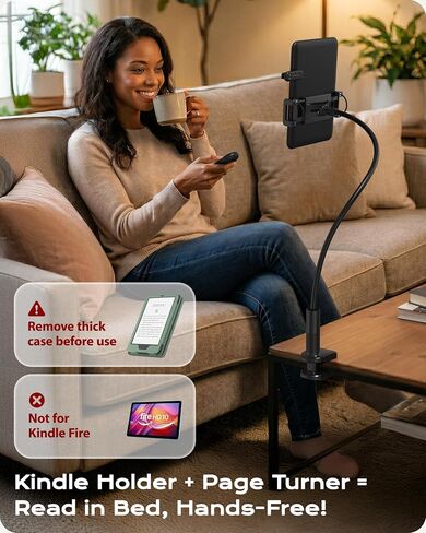 Stouchi Gooseneck Kindle Holder with Remote Page Turner for Bed Reading | Upgraded 2-in-1 Magnetic Remote | Shake-Free Kindle Stand | Work for Kindle Paperwhite/Oasis, E-Readers, iPad & Phones in Saudi Arabia