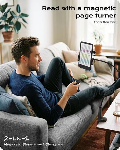 Stouchi Gooseneck Kindle Holder with Remote Page Turner for Bed Reading | Upgraded 2-in-1 Magnetic Remote | Shake-Free Kindle Stand | Work for Kindle Paperwhite/Oasis, E-Readers, iPad & Phones in Saudi Arabia