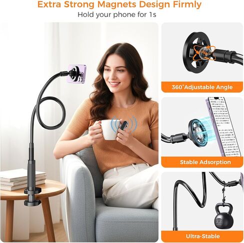 Gooseneck Magnetic Phone Holder Mont for Bed with Page Turner | Strong magnet, 360° flexible long arm, remote controls scrolling for Titok, shooting & page flipping for iPhone & Android in Saudi Arabia