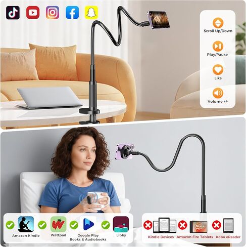 Gooseneck Magnetic Phone Holder Mont for Bed with Page Turner | Strong magnet, 360° flexible long arm, remote controls scrolling for Titok, shooting & page flipping for iPhone & Android in Saudi Arabia