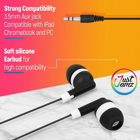 JustJamz Bulk Earbuds 100 Pack | Basic Ear Bud, Black Dot in-Ear Earphones, Disposable Headphones, Class Headphones Set for Students, Earphones for Class, Kids, Classroom, Library, Wired Earbuds in Saudi Arabia
