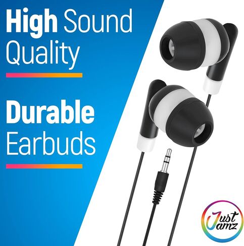 JustJamz Bulk Earbuds 100 Pack | Basic Ear Bud, Black Dot in-Ear Earphones, Disposable Headphones, Class Headphones Set for Students, Earphones for Class, Kids, Classroom, Library, Wired Earbuds in Saudi Arabia
