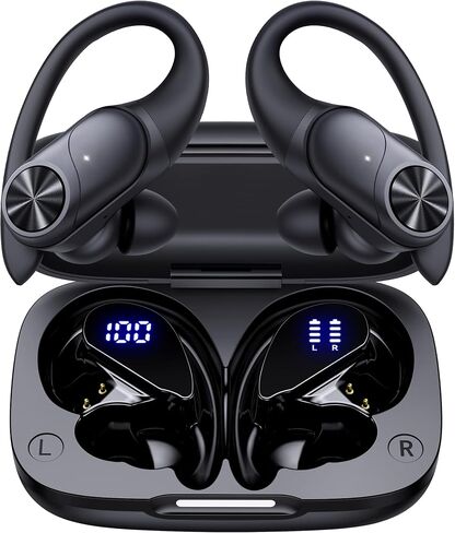 PocBuds Bluetooth Headphones Wireless Earbuds 80hrs Playtime Wireless Charging Case Digital Display Sports Ear Buds with Earhook Deep Bass IPX7 Waterproof Over-Ear Earphones for TV Phone Laptop Black in Saudi Arabia