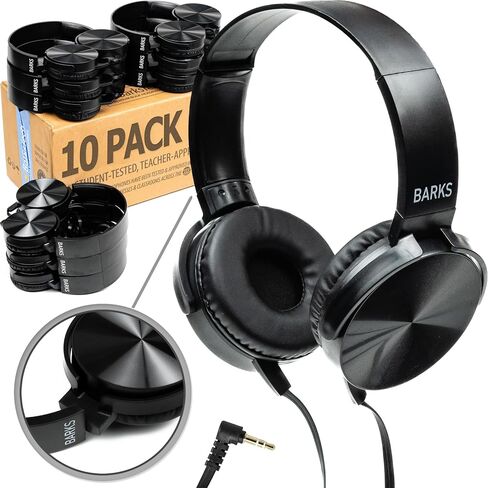 Barks Classroom Headphones Bulk 10 Pack (Select Black, On-Ear, Wired 3.5mm) | Durable Everyday Student Use, Tangle-Free Cords, Adjustable Fit All-Day Comfort, Clear Sound, Easy Clean, K-12 School Testing in Saudi Arabia