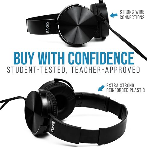 Barks Classroom Headphones Bulk 10 Pack (Select Black, On-Ear, Wired 3.5mm) | Durable Everyday Student Use, Tangle-Free Cords, Adjustable Fit All-Day Comfort, Clear Sound, Easy Clean, K-12 School Testing in Saudi Arabia