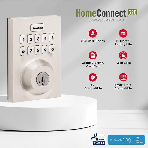 Kwikset HomeConnect 620 Z-Wave Long Range Enabled Keypad Smart Lock Convenient Keyless Entry, Customizable User Codes, Ring Alarm Compatible, Hub Required, Sold Separately Satin Nickel Contemporary in Saudi Arabia
