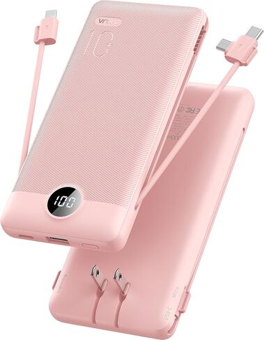 VRURC Portable Charger, Power Bank Built-in Cables and AC Wall Plug | USB C Power Bank 10000mAh Travel Essentials Phone Charger Compact External Battery Pack For Smart Phones, Tablets etc-White in Saudi Arabia