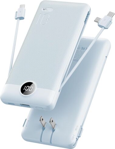 VRURC Portable Charger, Power Bank Built-in Cables and AC Wall Plug | USB C Power Bank 10000mAh Travel Essentials Phone Charger Compact External Battery Pack For Smart Phones, Tablets etc-White in Saudi Arabia