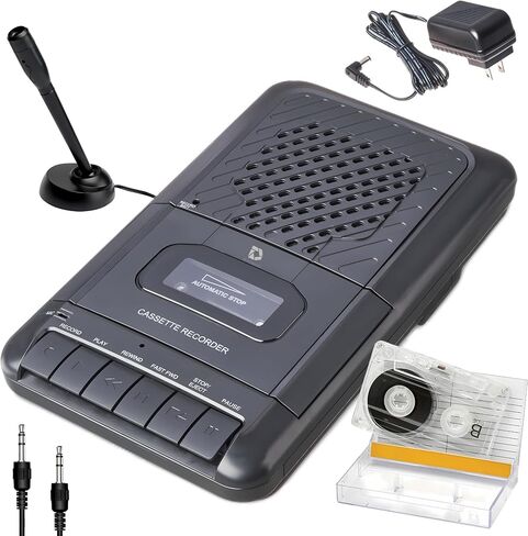 Portable Cassette Player Tape Recorder. Record to Cassettes via Mic or Aux in. Built-in Speaker to Listen to Cassettes. Includes External Mic, Aux in Cable and AC Adapter in Saudi Arabia