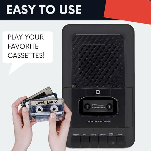 Portable Cassette Player Tape Recorder. Record to Cassettes via Mic or Aux in. Built-in Speaker to Listen to Cassettes. Includes External Mic, Aux in Cable and AC Adapter in Saudi Arabia