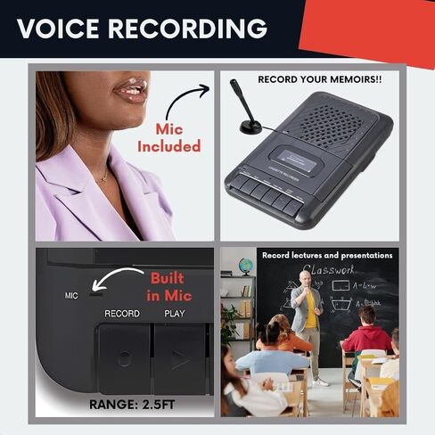 Portable Cassette Player Tape Recorder. Record to Cassettes via Mic or Aux in. Built-in Speaker to Listen to Cassettes. Includes External Mic, Aux in Cable and AC Adapter in Saudi Arabia