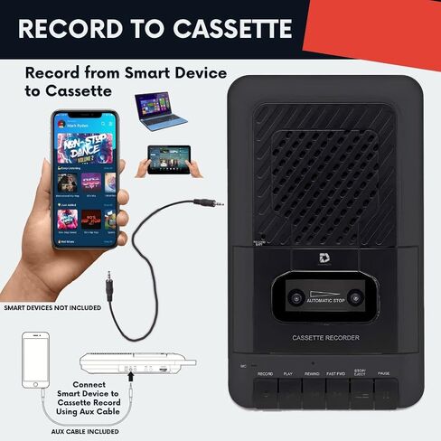 Portable Cassette Player Tape Recorder. Record to Cassettes via Mic or Aux in. Built-in Speaker to Listen to Cassettes. Includes External Mic, Aux in Cable and AC Adapter in Saudi Arabia