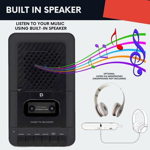 Portable Cassette Player Tape Recorder. Record to Cassettes via Mic or Aux in. Built-in Speaker to Listen to Cassettes. Includes External Mic, Aux in Cable and AC Adapter in Saudi Arabia