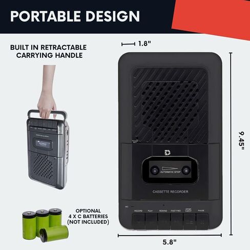 Portable Cassette Player Tape Recorder. Record to Cassettes via Mic or Aux in. Built-in Speaker to Listen to Cassettes. Includes External Mic, Aux in Cable and AC Adapter in Saudi Arabia