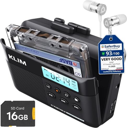 KLIM K7 Cassette Player - Cassette to Digital Converter - Portable Player with Built-in Microphone & Speaker - Rechargeable Battery - Earphones - 32GB SD Card - Black in Saudi Arabia