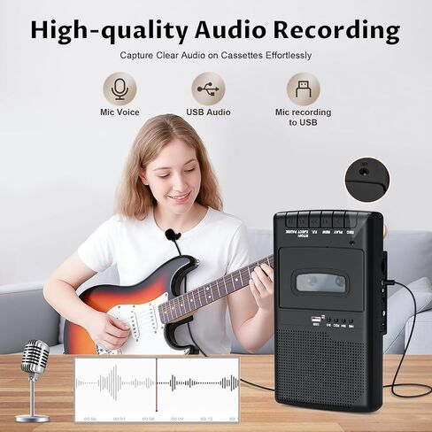 مسجل مشغل كاسيت ومحول الأشرطة، التسجيل إلى USB/شريط من الميكروفون، تحويل الأشرطة إلى WAV عبر محرك USB، مشغل أشرطة محمول مع ميكروفون طوق، مقبض قابل للسحب، مقبس 3.5 مم، منفذ REM - أسود in Kuwait