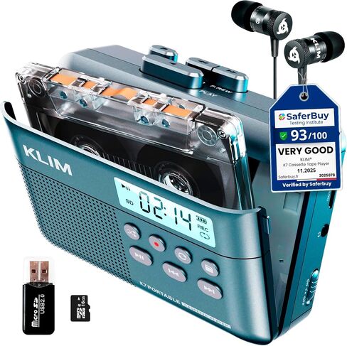 KLIM K7 Cassette Tape Player - Cassette to MP3 Converter - Portable - Built-in Microphone & Speaker - Rechargeable Battery - Earphones - 16GB SD Card - Black in Kuwait