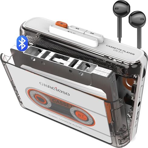 Gracioso Bluetooth Cassette Tape Player Connect Bluetooth Headphone 1100mAh Rechargeable Battery Up to 10H Playtime-with Earphone-Back Clip for Secured Carry - Cassette Player for Home,Park in Saudi Arabia
