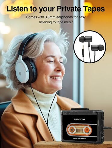 Gracioso Bluetooth Cassette Tape Player Connect Bluetooth Headphone 1100mAh Rechargeable Battery Up to 10H Playtime-with Earphone-Back Clip for Secured Carry - Cassette Player for Home,Park in Saudi Arabia