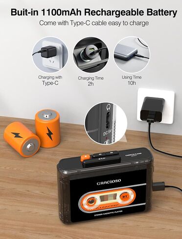 Gracioso Bluetooth Cassette Tape Player Connect Bluetooth Headphone 1100mAh Rechargeable Battery Up to 10H Playtime-with Earphone-Back Clip for Secured Carry - Cassette Player for Home,Park in Saudi Arabia