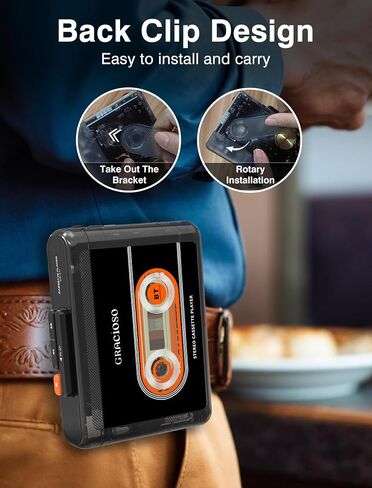 Gracioso Bluetooth Cassette Tape Player Connect Bluetooth Headphone 1100mAh Rechargeable Battery Up to 10H Playtime-with Earphone-Back Clip for Secured Carry - Cassette Player for Home,Park in Saudi Arabia