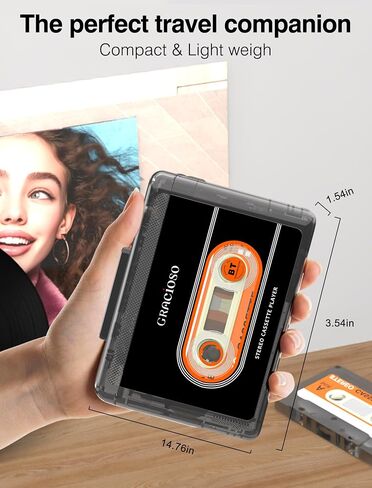 Gracioso Bluetooth Cassette Tape Player Connect Bluetooth Headphone 1100mAh Rechargeable Battery Up to 10H Playtime-with Earphone-Back Clip for Secured Carry - Cassette Player for Home,Park in Saudi Arabia