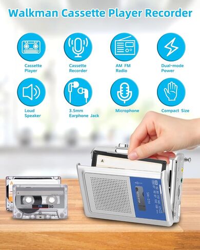 SEMIER Portable Cassette Player Recorder, Small AM FM Vintage Tape Cassette Player with Big Speaker and Headphones, Built-in Microphone, Powered by DC or AA Battery in Saudi Arabia