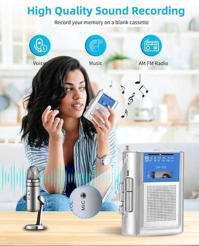 SEMIER Portable Cassette Player Recorder, Small AM FM Vintage Tape Cassette Player with Big Speaker and Headphones, Built-in Microphone, Powered by DC or AA Battery in Saudi Arabia